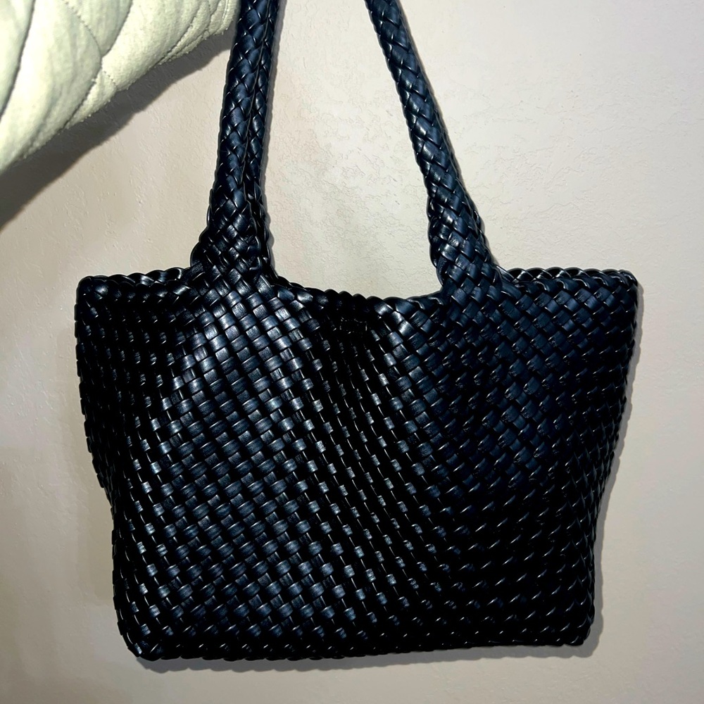Black Rachel Zoe Woven Tote Bag with clip in pouch